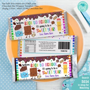 May include: Chocolate bar wrappers with a "Back to School" theme. The wrappers feature cartoon chocolate bars, a pencil, and the text "It's going to be a SWEET YEAR!" The wrappers fit Hershey 1.55oz or other 35-40g chocolate bars.
