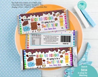 Back To School Chocolate Candy Bar Wrapper EDITABLE Template.  Sweet School Year Treat Label Classroom Classmate Teacher Gift Printable S034