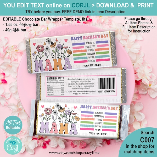 EDITABLE Happy Mother's Day Candy Bar Wrapper Template. Floral Party Favor Chocolate Bar Treat Label Printable. Personalised Name Text C007