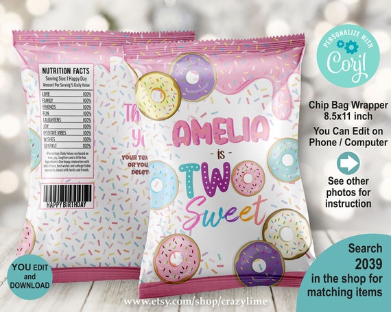 Donut Two Sweet Birthday Chip Bag Wrapper (Editable, Printable)