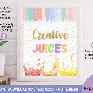 Pastel Girl Art Party Juice Table Sign. Painting Art Jamming Birthday Party Decoration. Rainbow Creative Juices Decor. Instant Download K011