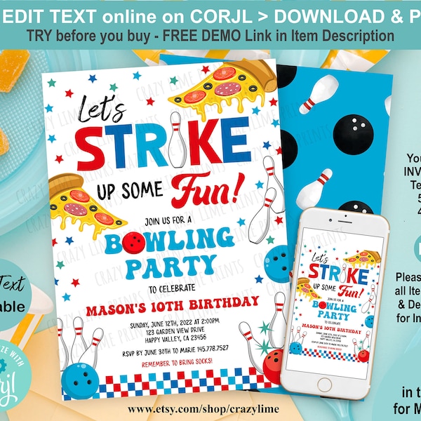 Editable Bowling Pizza Birthday Party Invitation. Let's Strike Up Some Fun Dinner Invite Template. You Edit Online w/ Corjl. Download K134