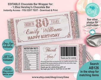 EDITABLE Birthday Chocolate Candy Bar Wrapper Printable Template. Personalised Name, Any Age. Rose Gold Party Favor Treat Label. Corjl AB126