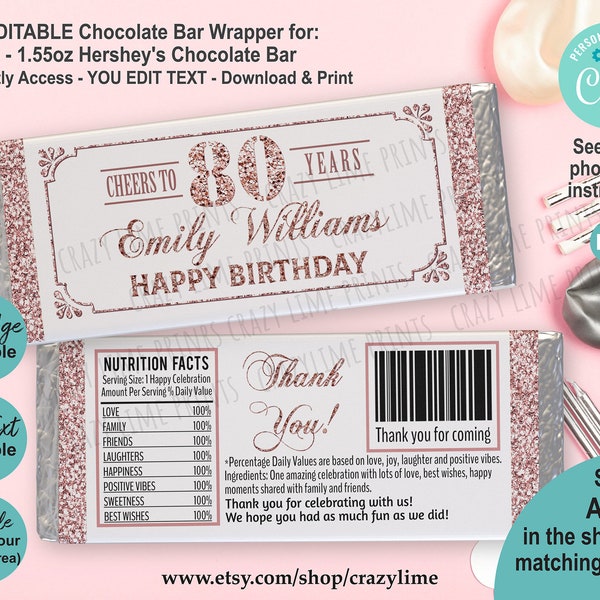 EDITABLE Birthday Chocolate Candy Bar Wrapper Printable Template. Personalised Name, Any Age. Rose Gold Party Favor Treat Label. Corjl AB126