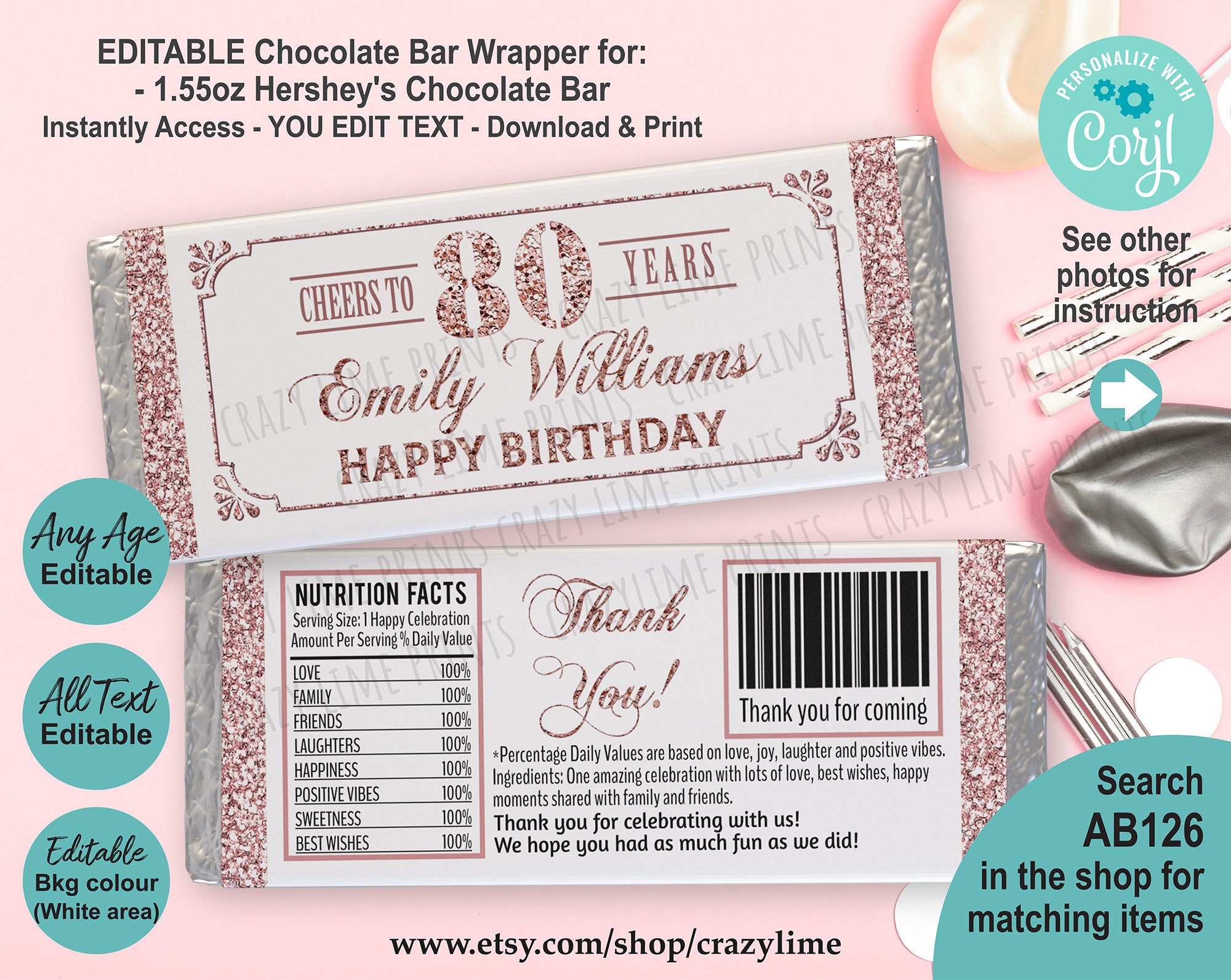 EDITABLE Birthday Chocolate Candy Bar Wrapper Printable Template ...