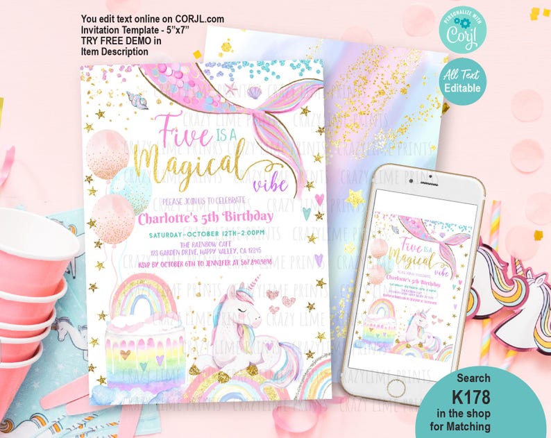 May include: A digital invitation template for a fifth birthday party. The design features a mermaid tail, balloons, a rainbow, and a unicorn. The invitation is 5"x7" and includes the text "Five is a Magical Vibe".