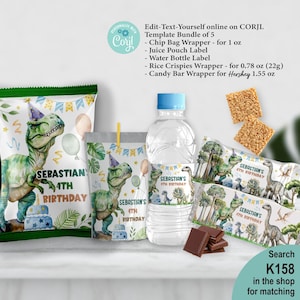EDITABLE Dinosaur Trex Birthday Party Favors Bundle Set of 5 Template. Realistic Dino Jurassic Green Treat Snack Labels DIY Printable K158