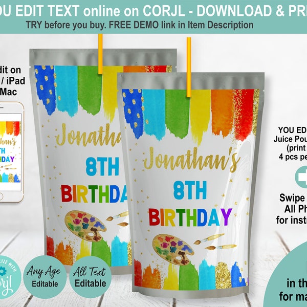 EDITABLE Paint Art Party Birthday Juice Pouch Label. Printable Template. Boy Kid Girl Bright Rainbow Party Favors Treat Bag Sticker. K035