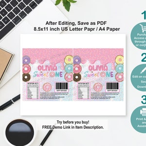 EDITABLE Donut Sweet One Birthday Chocolate Candy Bar Wrapper - Etsy ...