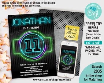 EDITABLE Boy 11th Birthday Invitation Template. Personalised Neon Glow In The Dark Party. Digital Printable Invite. Any Age Kid Teen 2035