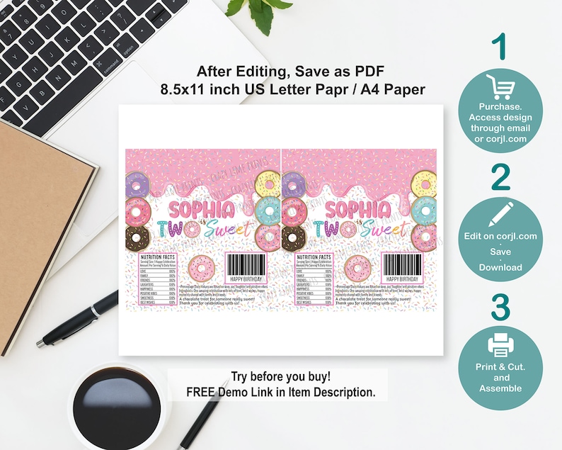 EDITABLE Donut Two Sweet 2nd Birthday Party Favors Bundle 5 Templates ...