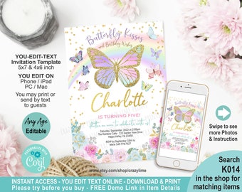 Butterfly Birthday Party Invitation Editable Template. Little Girl Whimsical Garden Party Invite. Pastel Rainbow Glitter. Edit w Corjl K014