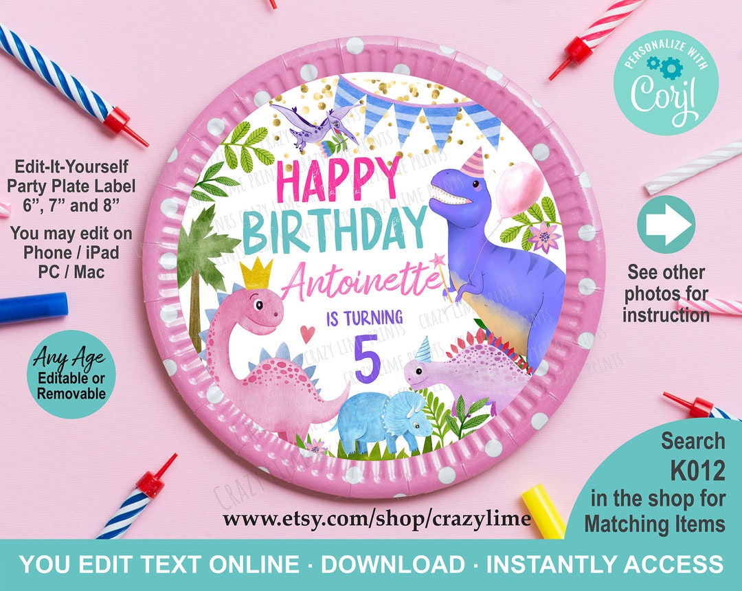 Editable Dinosaur Party Plate Label Template. Printable Pink Dino Girl
