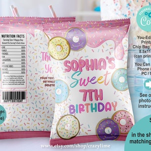 EDITABLE Donut Sweet Birthday Chip Bag Wrapper Template. Personalised Party Favors Treat. Any Age. Pastel Printable Snack Goodie Bag 2039