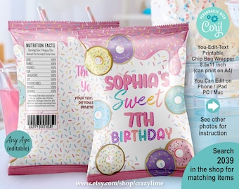 EDITABLE Donut Sweet Birthday Chip Bag Wrapper Template. Personalised Party Favors Treat. Any Age. Pastel Printable Snack Goodie Bag 2039