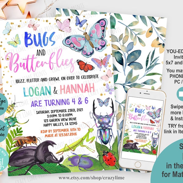 Bug & Butterfly Birthday Party Invitation Editable Template. Boy Girl Siblings Joint Birthday Party Invite. Beetles. Edit w Corjl K016