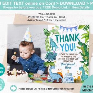 EDITABLE Dinosaur Thank You Card with Photo. Boy Dino Birthday Party Thank You Note. Cute Dinosaur. Editable Text Printable Digital K017