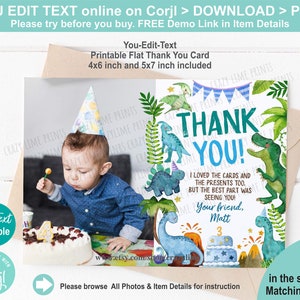 EDITABLE Dinosaur Thank You Card with Photo. Boy Dino Birthday Party Thank You Note. Cute Dinosaur. Editable Text Printable Digital K017 image 1