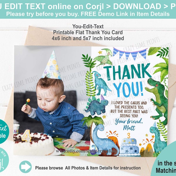 EDITABLE Dinosaur Thank You Card with Photo. Boy Dino Birthday Party Thank You Note. Cute Dinosaur. Editable Text Printable Digital K017