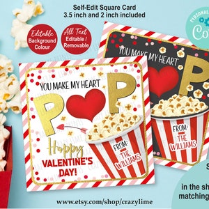 EDITABLE Valentine Popcorn Tag. You Make Me Pop Printable Favor Tag, Holiday Gift Tag. Edit With Corjl. Coworkers, colleague. Fun Cute. V003