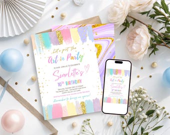 Art Birthday Party Invitation | Girl Painting Party Invite | Canvas Craft Party Glitter Crayon Brush (Digital Download) K011