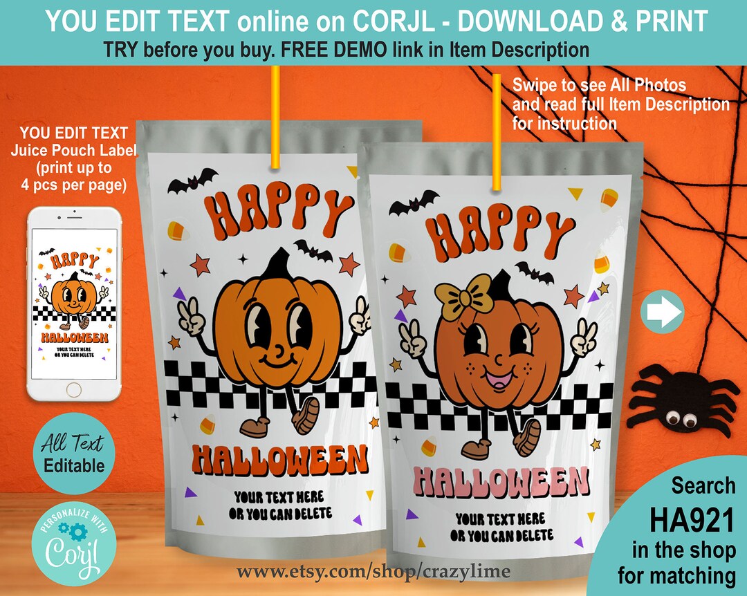 EDITABLE Halloween Juice Pouch Labels Set of 2 Bundle. Printable Juice ...