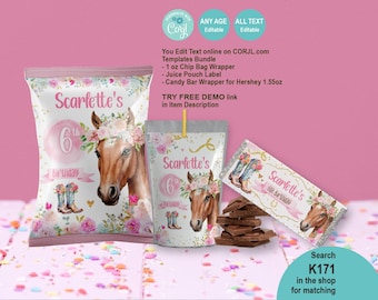 May include: Party favour bundle with a horse theme in pink and white. Includes a chip bag wrapper, juice pouch label, and candy bar wrapper. The design features a horse wearing a floral crown and the text "Scarlette's 6th Birthday".