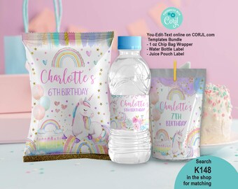 Unicorn  Birthday Party Favors Bundle Set 3 EDITABLE Templates. Pastel Rainbow Chip Bag Juice Water Bottle Wrappers, Treat Goody Label K148
