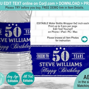 EDITABLE Cheers to 50 years Silver Blue Water Bottle Label Template. Printable Adult 50th Birthday Party Favor. Any Age Table Decor AB126