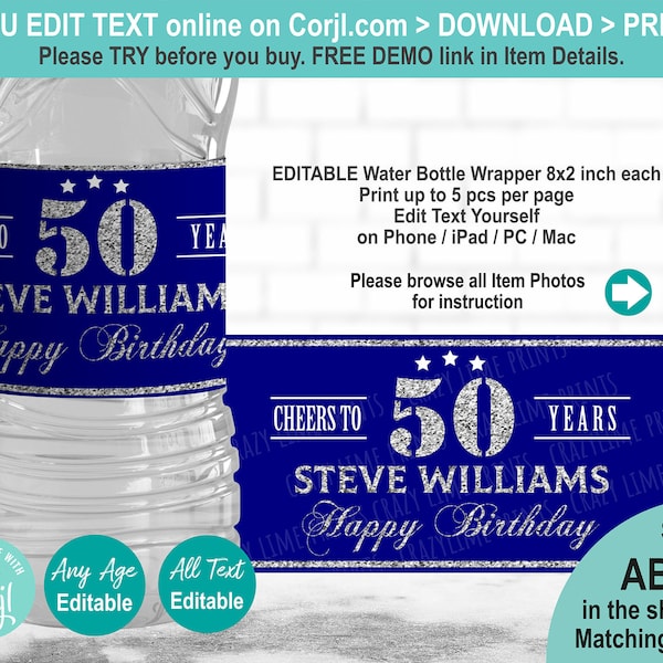 EDITABLE Cheers to 50 years Silver Blue Water Bottle Label Template. Printable Adult 50th Birthday Party Favor. Any Age Table Decor AB126