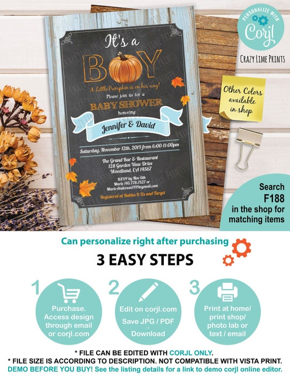 Pumpkin Baby Shower Rustic Invitation. EDITABLE Chalkboard Etsy