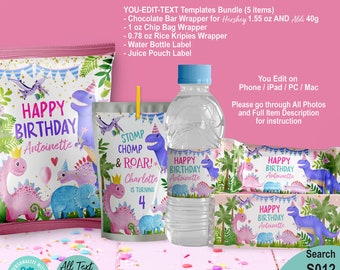 May include: Editable printable dinosaur birthday party favor labels. The labels feature a pink and blue dinosaur with a crown, a green jungle background, and the text "Happy Birthday Antoinette".