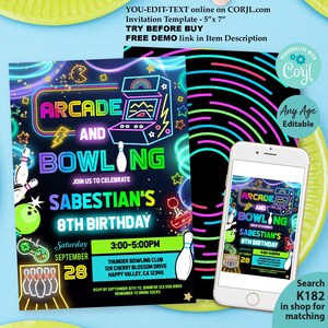 Może przedstawiać: Szablon zaproszenia na urodziny w stylu arcade i kręgli. Projekt zawiera neonowe kolory, grafikę automatu do gier i tekst "Arcade and Bowling". Smartfon wyświetla zaproszenie. Zaproszenie ma wymiary 12,7 cm x 17,8 cm.