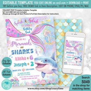 May include: A printable invitation for a double birthday party. The invitation features a mermaid tail and a shark with the text "Splish & Splash It's a Double Birthday Bash Calling All Mermaids and Sharks Alisha is 6 Joseph is 2 August 24th 2:30-4:30PM 123 Garden View Drive Happy Valley, CA 23456 RSVP by June 30th to Marie 145.778.7527 Remember to bring your towel www.etsy.com/shop/crazylime".