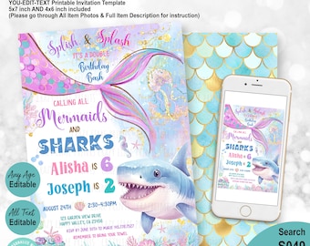 Puede incluir: Una invitación imprimible para una fiesta de cumpleaños doble. La invitación presenta una cola de sirena y un tiburón con el texto "Splish & Splash It's a Double Birthday Bash Calling All Mermaids and Sharks Alisha is 6 Joseph is 2 August 24th 2:30-4:30PM 123 Garden View Drive Happy Valley, CA 23456 RSVP by June 30th to Marie 145.778.7527 Remember to bring your towel www.etsy.com/shop/crazylime".