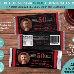 EDITABLE 50th Birthday Chocolate Candy Bar Wrapper Personalised Name Cheers to 50 Years Man Adult Birthday Party Favor. Red & Black AB126