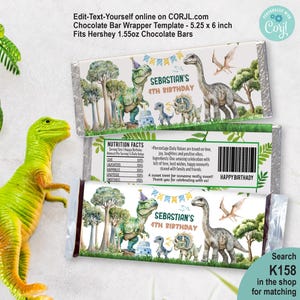 EDITABLE Dinosaur Trex Party Chocolate Candy Bar Wrapper. Kid Boy Realistic Dino 3rd Birthday Party Treat Label Printable Template DOY K158
