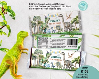 EDITABLE Dinosaur Trex Party Chocolate Candy Bar Wrapper. Kid Boy Realistic Dino 3rd Birthday Party Treat Label Printable Template DOY K158