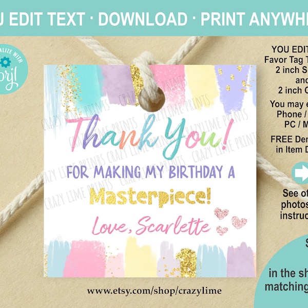 EDITABLE Girl Art Party Favor Tag. Personalised Pastel Rainbow Painting Party Thank You Gift Tag Label. 2 inch Square Printable. Corjl K011