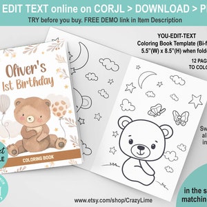 EDITABLE Bear Birthday Party Coloring Book. 8.5 x 11 inch (5.5 x 8.5 inch after folding) Teddy Activity Booklet Printable. Neutral BrownB005