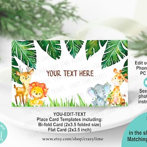 EDITABLE Jungle Animals Place Card Template. Printable Safari Food Buffet Card. Guest Name Table Tent Card. Cute Watercolor Corjl KB249