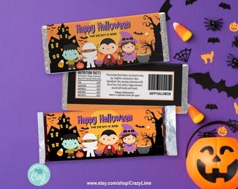 Halloween Chocolate Candy Bar Wrapper. Kid Monster Costume Party Treat Label Cute Printable EDITABLE Template Instant Download DIY HA923