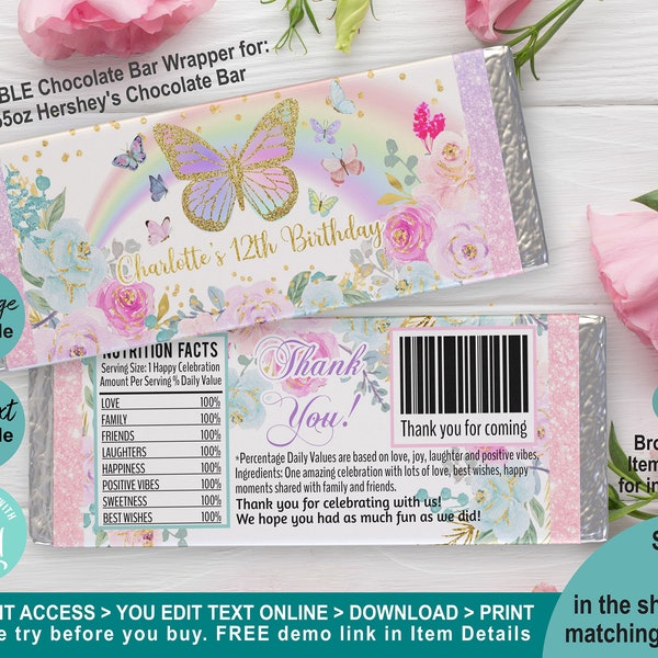 EDITABLE Butterfly Birthday Chocolate Candy Bar Wrapper Personalised Template. 1.55 oz Label. Girl Party Favor Pastel Pink Gold K014