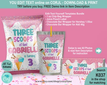 EDITABLE Icecream 3rd Birthday Party Favors Bundle Set of 3 Templates. Kid Girl Pink Ice Cream Chip Bag Chocolate Juice Treats Labels. K037