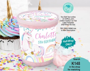 EDITABLE Unicorn Cotton Candy 2 oz Tub Label Template. Pastel Rainbow Girl Birthday Party Favor Treat Container Wrapper Printable DIY K148