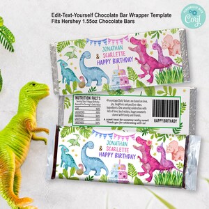 Dinosaur Boy Girl Party Chocolate Candy Bar Wrapper. Kid Siblings Joint Birthday Party Treat Label Printable EDITABLE Template. Corjl K117