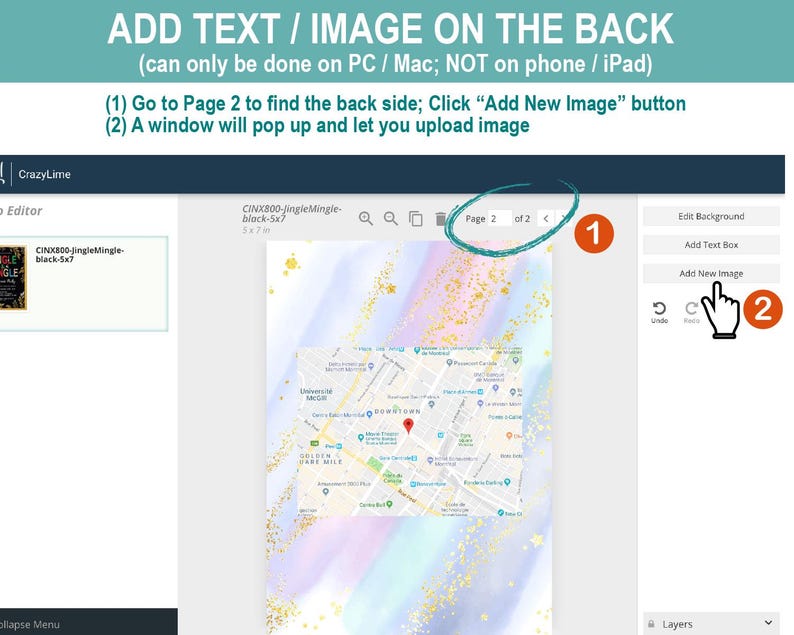 May include: A CrazyLime editor interface with instructions to add text or an image to the back of a design. The text reads: "ADD TEXT / IMAGE ON THE BACK (can only be done on PC / Mac; NOT on phone / iPad)". Instructions are numbered.