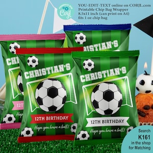 May include: Four chip bag wrappers with soccer ball designs in green, red, and pink. Each bag features the text "CHRISTIAN'S" and "12TH BIRTHDAY". The wrappers are 21.6 x 27.9 cm and fit 28g chip bags.