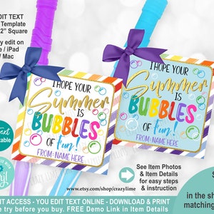 End Of School Year Bubble Wand Gift Tag Editable Template. I hope your summer is bubbles of fun. Personalised Name Label Edit w Corjl  S001