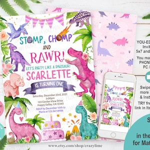 Girl Dinosaur Birthday Invitation Cute Dino Pink & Purple Birthday Party Invite. Jurassic Pink T-rex Editable Digital Download Template K017